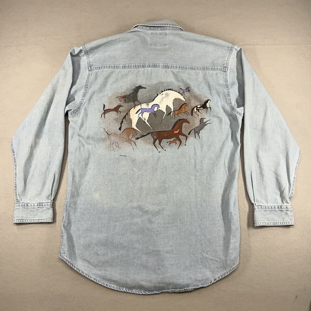 VTG Wrangler Hero Wear  Painted Wild Horse Denim Button-Down Sz S Oversized